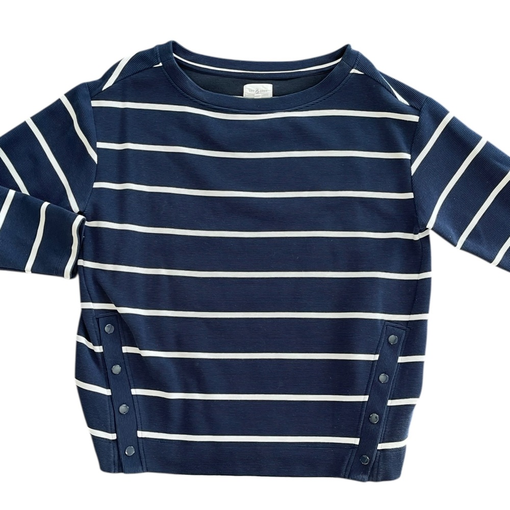 LOU & GREY Navy Blue White Stripe Pullover Crewneck Nautical Preppy Size Large